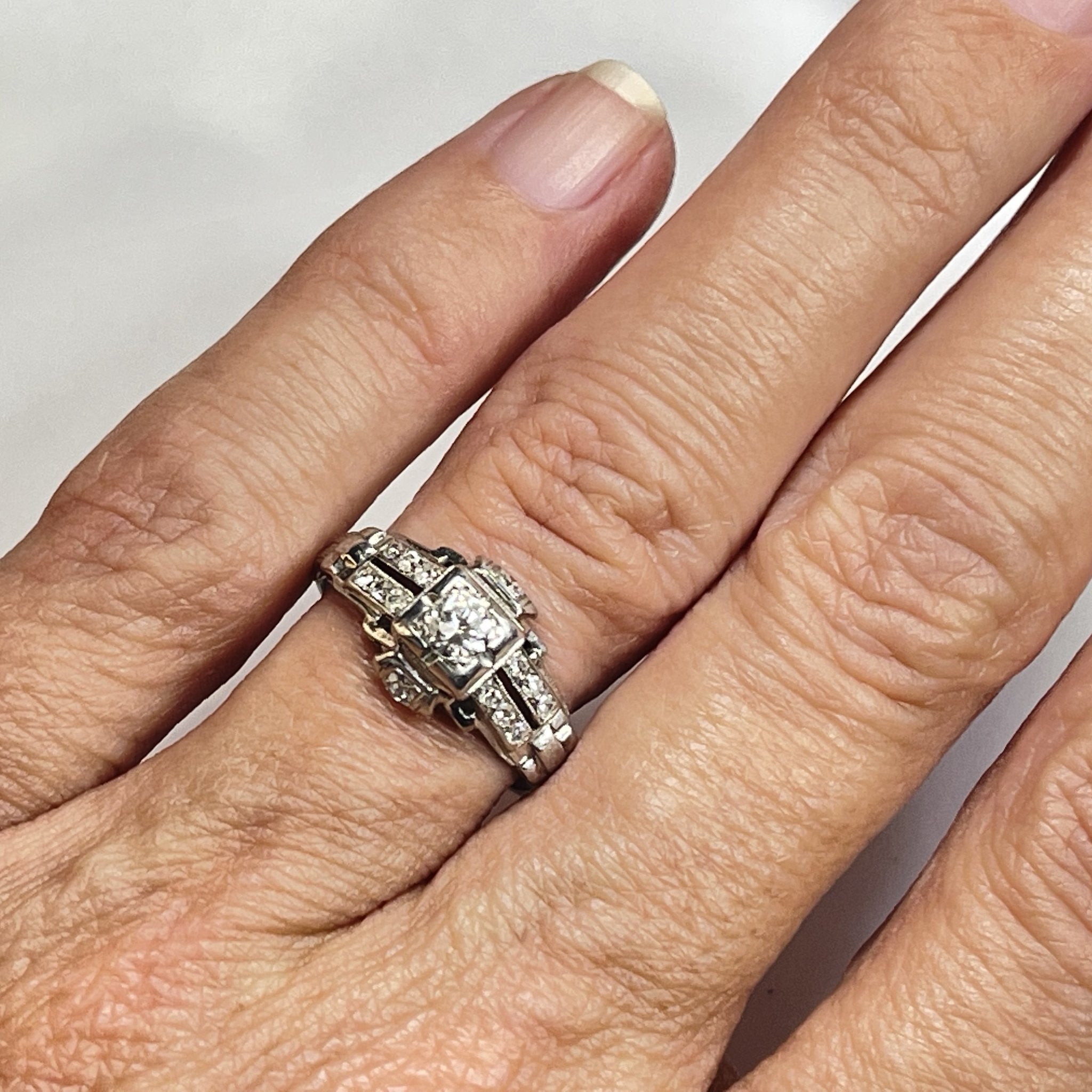 c. 1920s Art Deco Diamond and Sapphire Ring with Engraved Foliate Patt -  Pebble & Polish